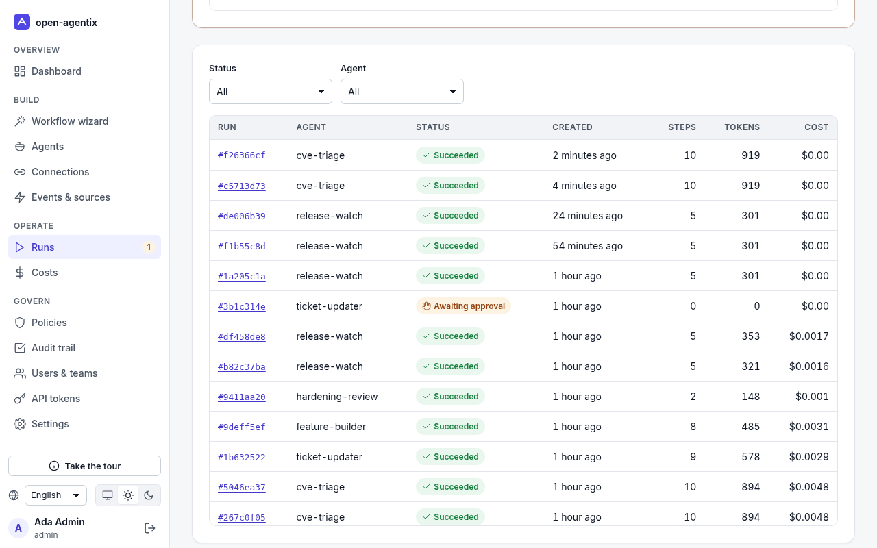 Runs list in the openagentix demo with example data: status, steps, tokens and cost per run, plus one run awaiting approval