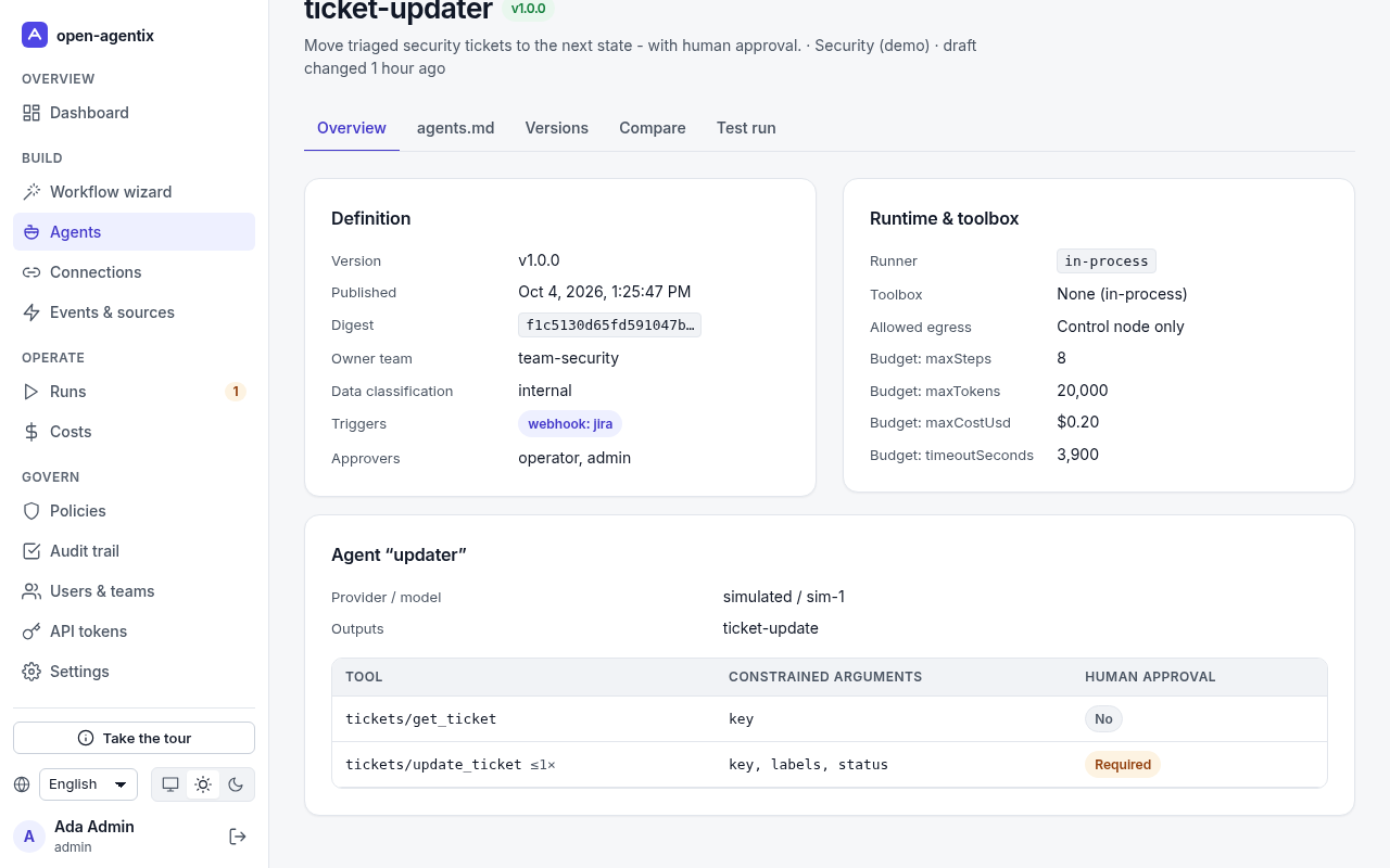 Agent overview in the openagentix demo with example data: tools, required human approval, approvers and budget limits before the first run