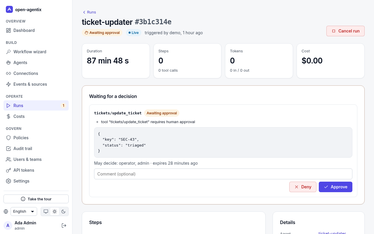 Pending approval for a tool call in the openagentix demo: requested tool, arguments and the rule that requires human approval