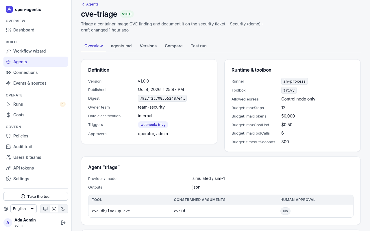 Agent overview in the openagentix demo with example data: toolbox, tools and budget limits of an example agent